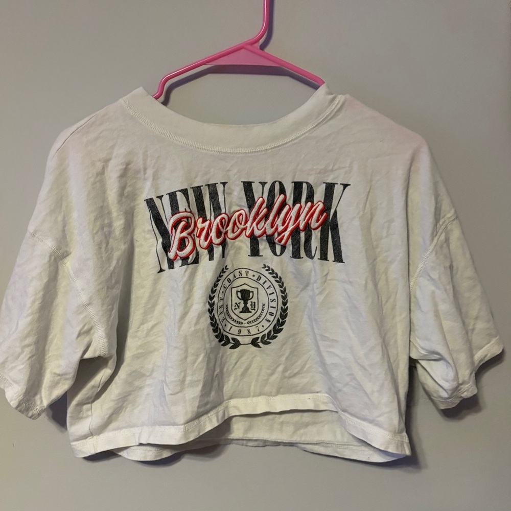 Aeropostale White Crop Boyfriend Tee with Pink Accent